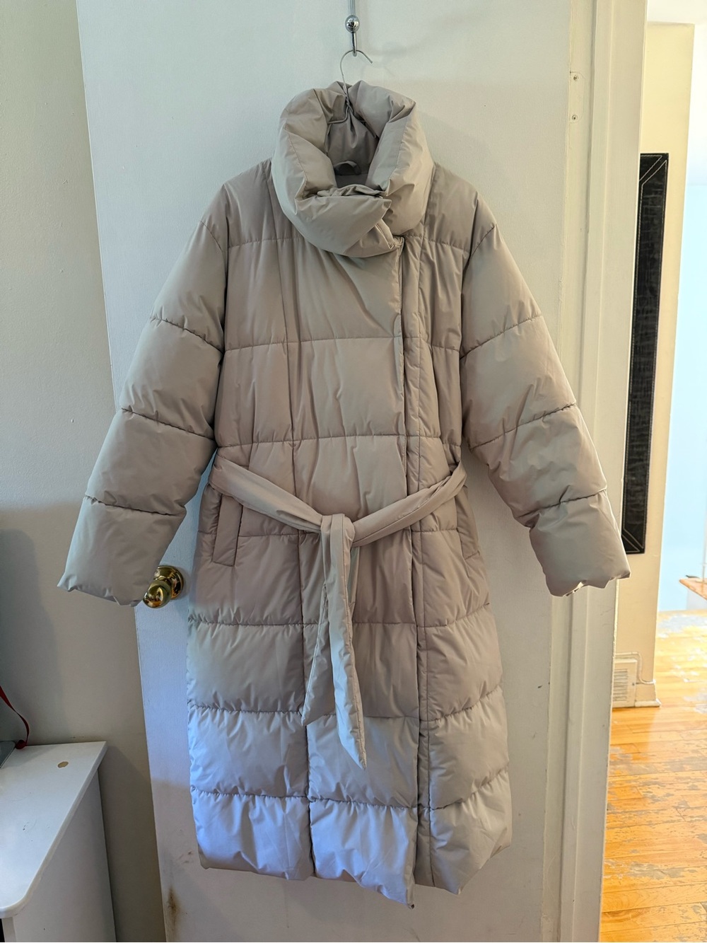Dynamite Light Beige Quilted Puffer Coat with Belt